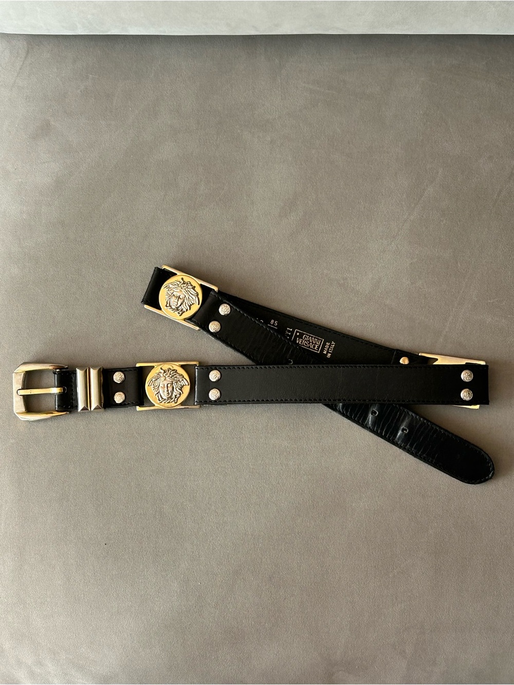 Vintage Versace Black Leather Belt with Dual-Tone Medusa Head Hardware